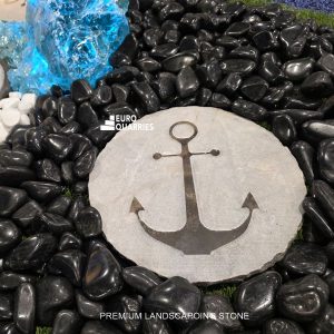 Round Stepping Stone Carved Nautical Compass Blue Limestone D 12 in.